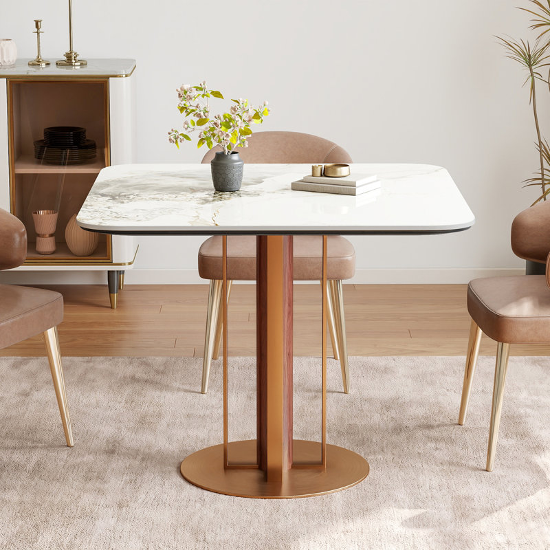 Table de salle à manger carrée de 89 cm (35 po) en pierre frittée blanche avec pied central doré pour 4 personnes, White