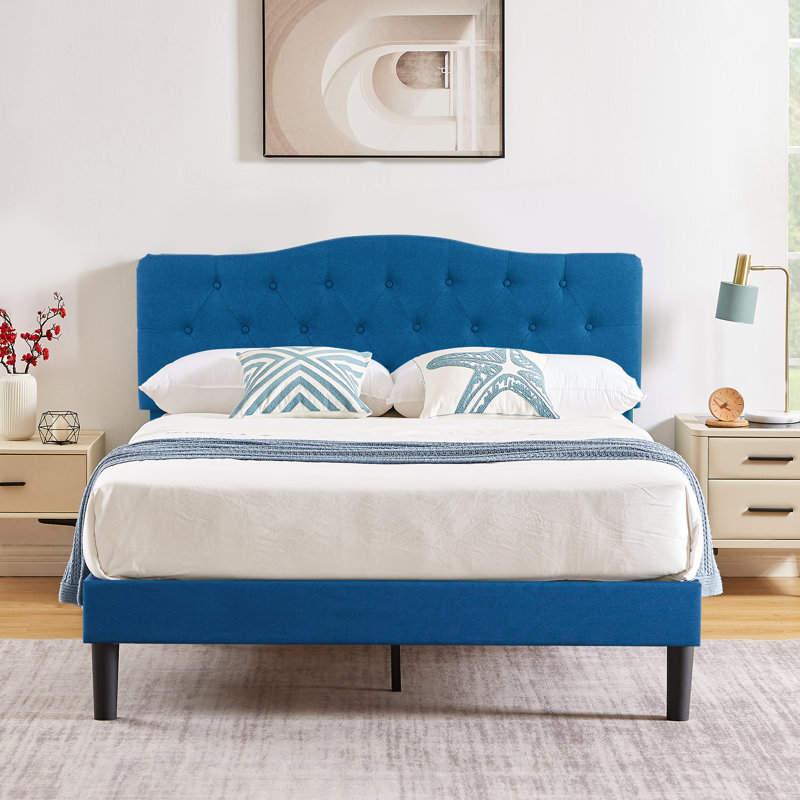 Kempst Upholstered Bed with Adjustable Headboard & Solid Wooden Slats, Under Bed Storage, No Box Spring Needed, Full, Blue