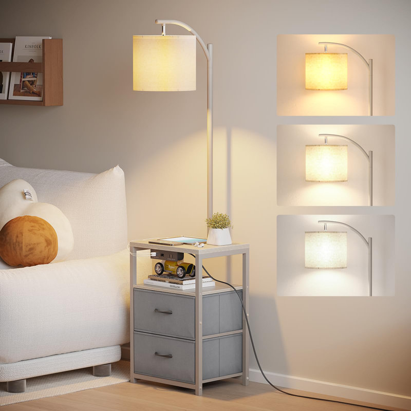 Lampe de table de chevet moderne avec tiroirs, ports USB et prise de courant CA, table de chevet polyvalente, Blanc / gris