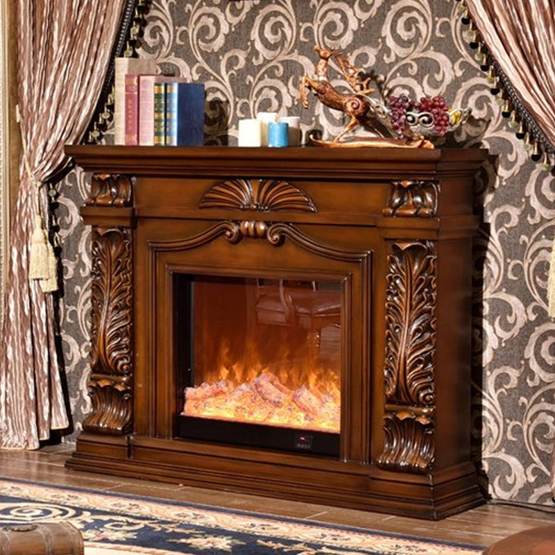 Brown Solid Wood Electric Fireplace, Brown