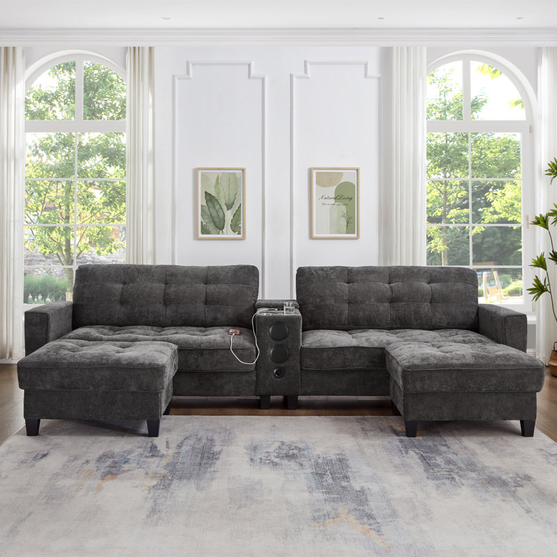 Canapé modulaire gris spacieux avec rangement et Bluetooth, conception moderne en chenille