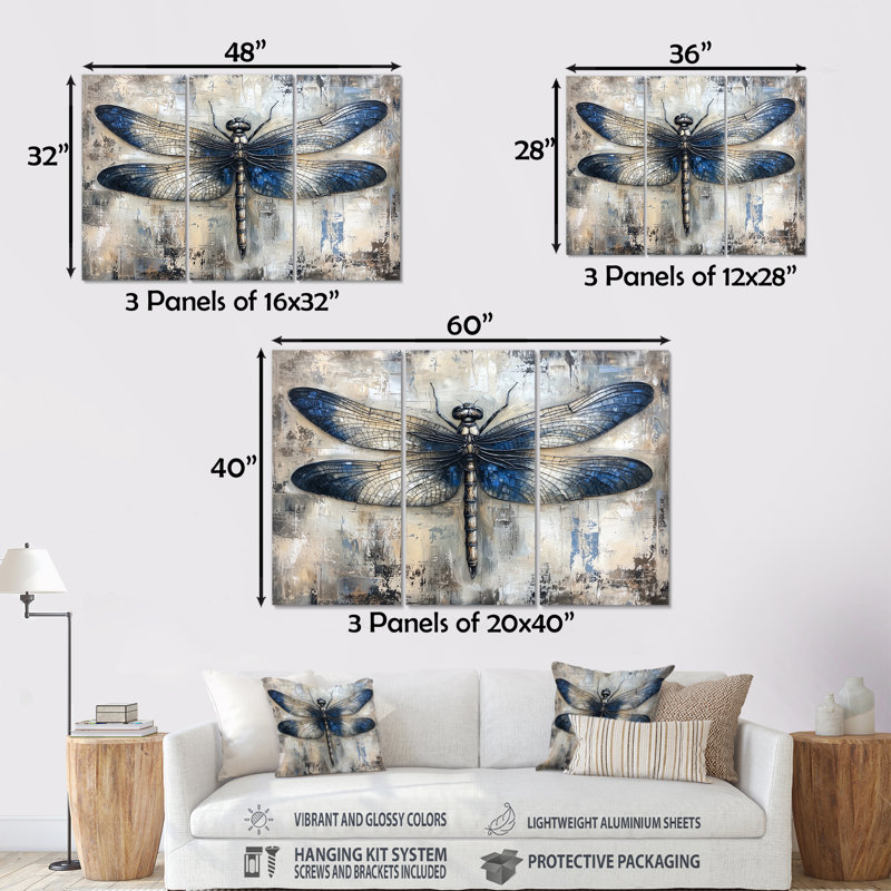 Ensemble de décoration murale libellule bleue, éclair de lune III - Libellule, H 28 po x l 36 po x P 1 po, Métal métal