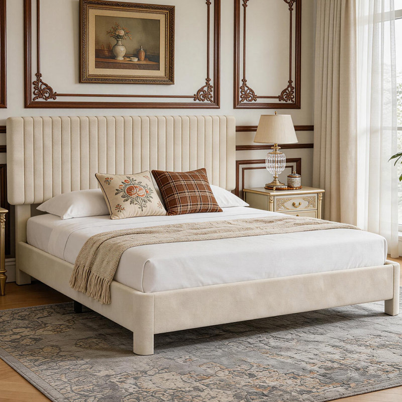 Bed Frame Upholstered Platform Bed With Fabric Headboard, Non-Slip And Noise-Free/Wooden Slats Support/No Box Spring Needed/Easy Assembly