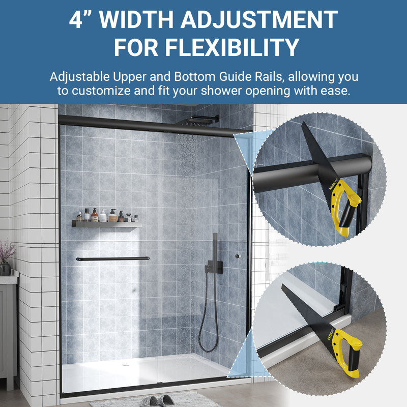 56–60" W x 72" H Semi-Frameless Sliding Shower Door with Tempered Glass and Nano Coating, Matte Black, Matte Black