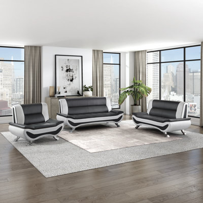 Lefter Modern & Contemporary Faux Leather 3-Piece Living Room Set with Flared Arms, Chrome Finish Legs & High-Density Foam