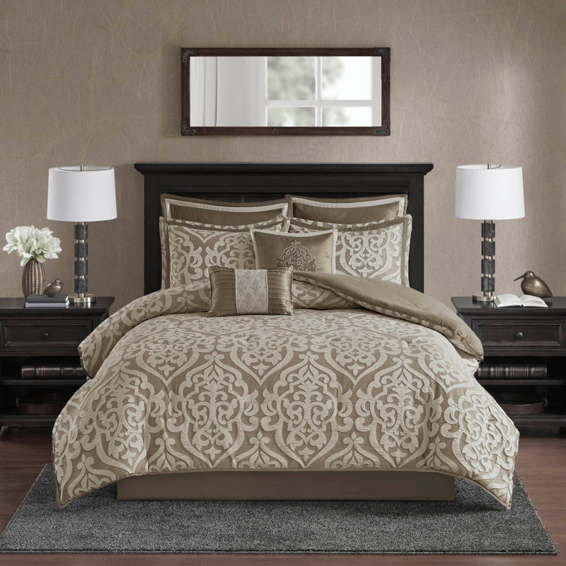 Ensemble d'édredon en jacquard de luxe 8 pièces Odette, Édredon très grand et 7 pièces supplémentaires, Brun clair/Ivoire