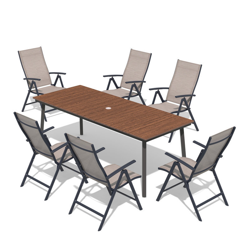 6 - Person Metal Outdoor Dining Set With Folding Armchairs, Walnut, Espresso