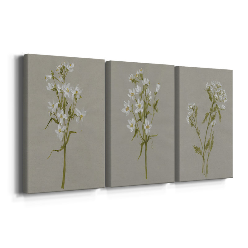 Fleurs blanches sur fond blanc I - Toile tendue avec châssis sur mesure - 3 pièces, H 12 po x l 24 po
