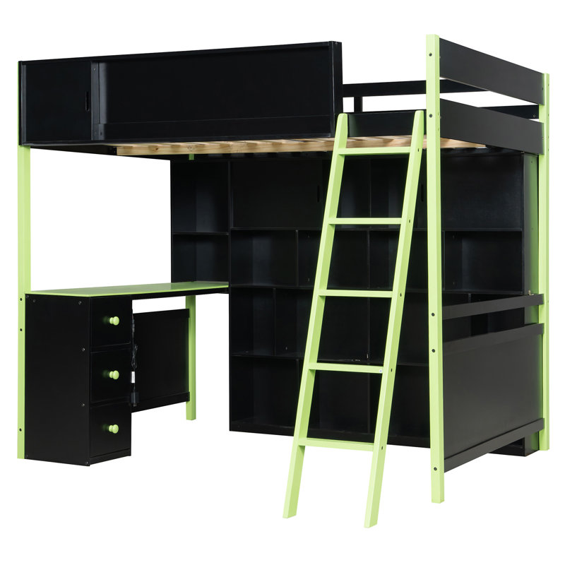 Lit mezzanine en bois avec bureau, Vert