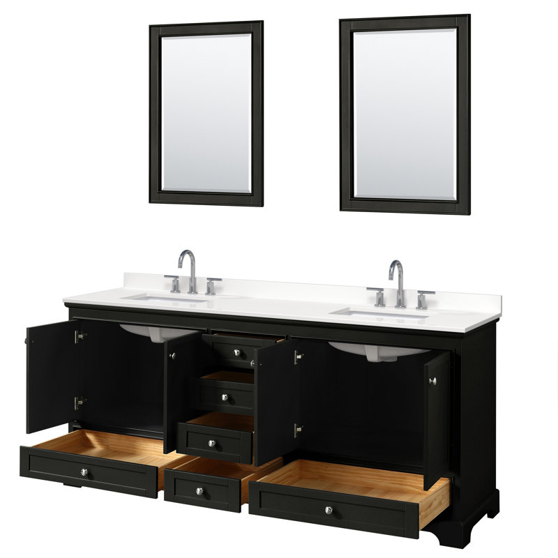 Ensemble de meuble-lavabo double autoportant Deborah avec plateau en quartz et miroir, Chrome poli, Espresso foncé, WDX13668