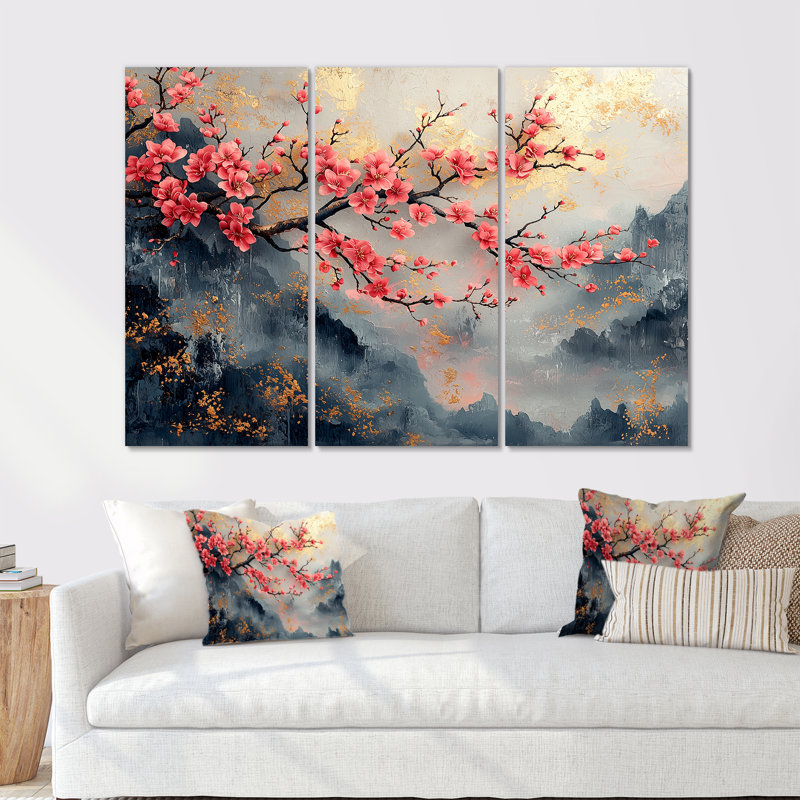 Rose, bleu, cerisier en fleurs, branche en Chine - ensemble d'art mural fleur de cerisier, Toile tendue