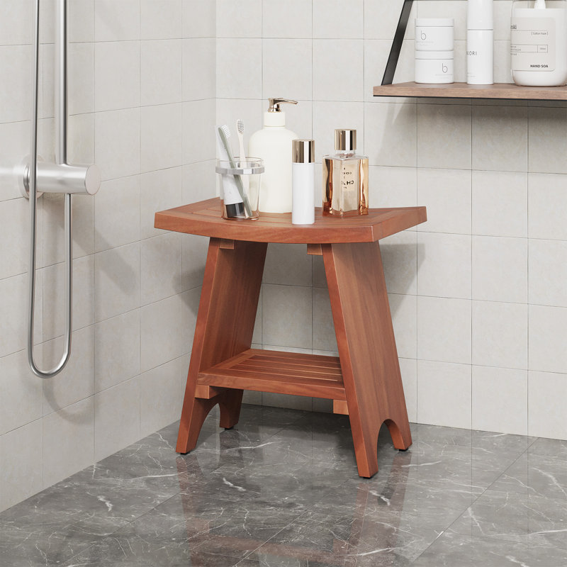 18" Waterproof Teak Shower Bench with Storage Shelf, Versatile Shower Stool for Shaving Legs and Indoor/Outdoor Use
