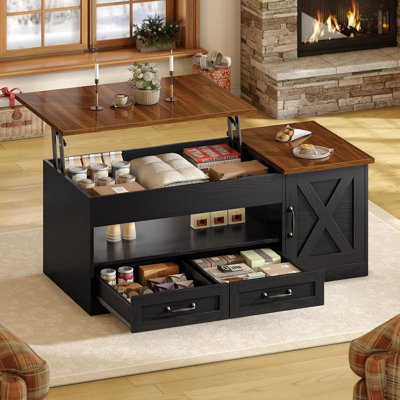 Table basse relevable de 100 cm avec 2 tiroirs et un placard de rangement, style campagnard pour salon, noir et noyer