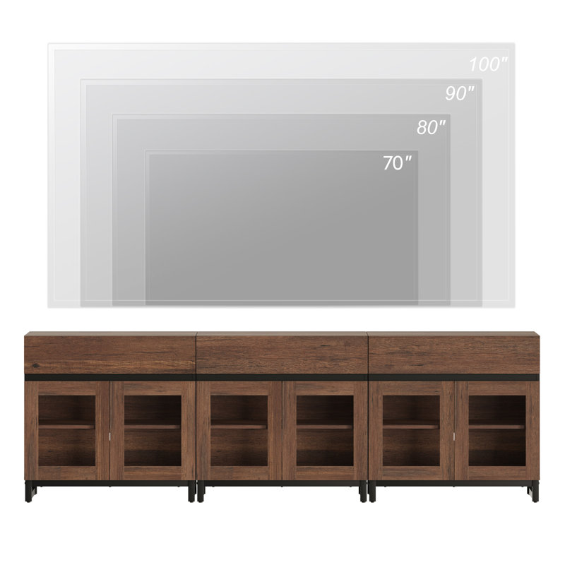 Modern TV Stand With Glass Doors For 110 Inch Tvs, 3 In 1 Entertainment Center Console With 3 Drawers And Metal Base For Living Room, Bedroom