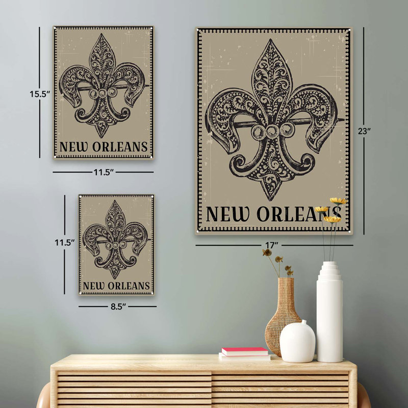 La Nouvelle-Orléans, fleur de lys sur métal, H 11,5 po x l 8,5 po x P 0,04 po