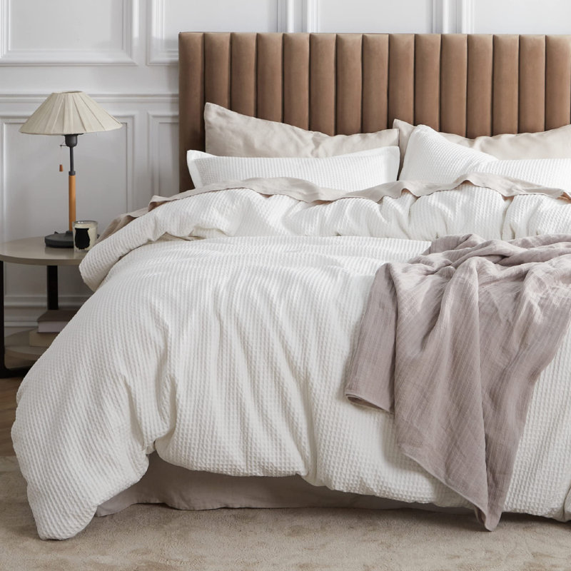 Essential Collection 100% Cotton Waffle Weave Duvet Cover Set, Queen Duvet Cover + 2 Standard Shams, Navy