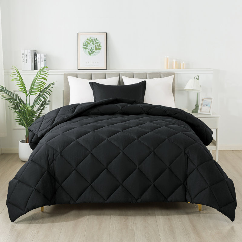 Ensemble d'édredon en losange trois pièces Diamond, Édredon double + 2 taies décoratives standard, Noir