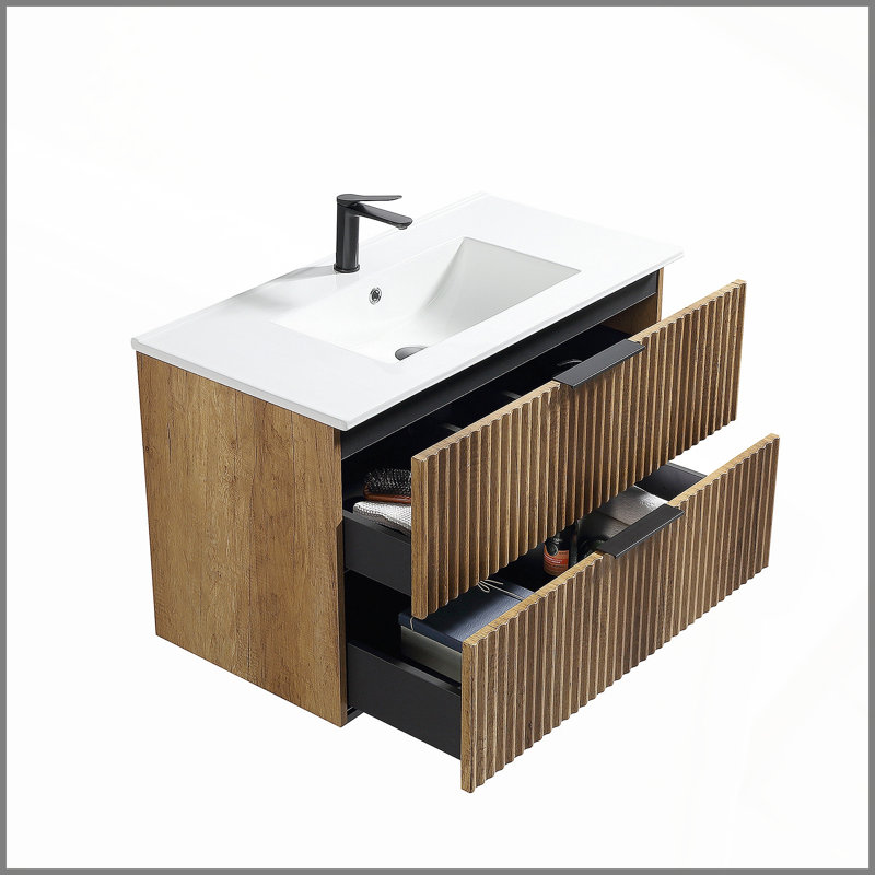 Meuble-lavabo mural 36 po avec panneau cannelé 3D et lavabo intégré en céramique