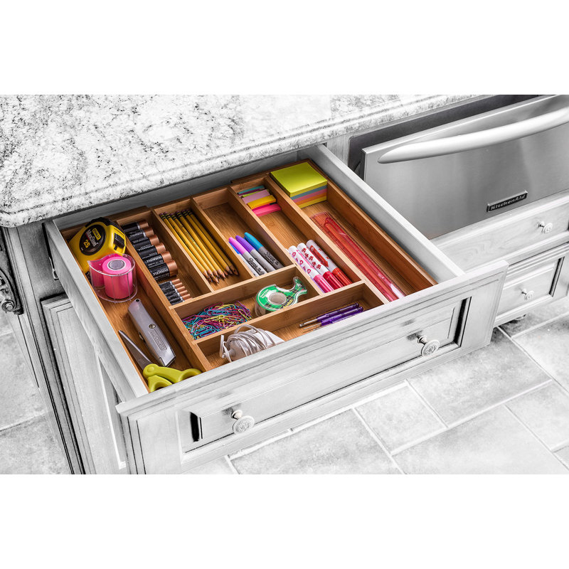 Organisateur de tiroir extensible en bambou - Grand porte-ustensiles de cuisine pour la coutellerie, l'argenterie, le rangement de couverts - Organisateur d'ustensiles pour les tiroirs de cuisine, bureau, plateau de rangement pour tiroir à ordures, 8 fentes