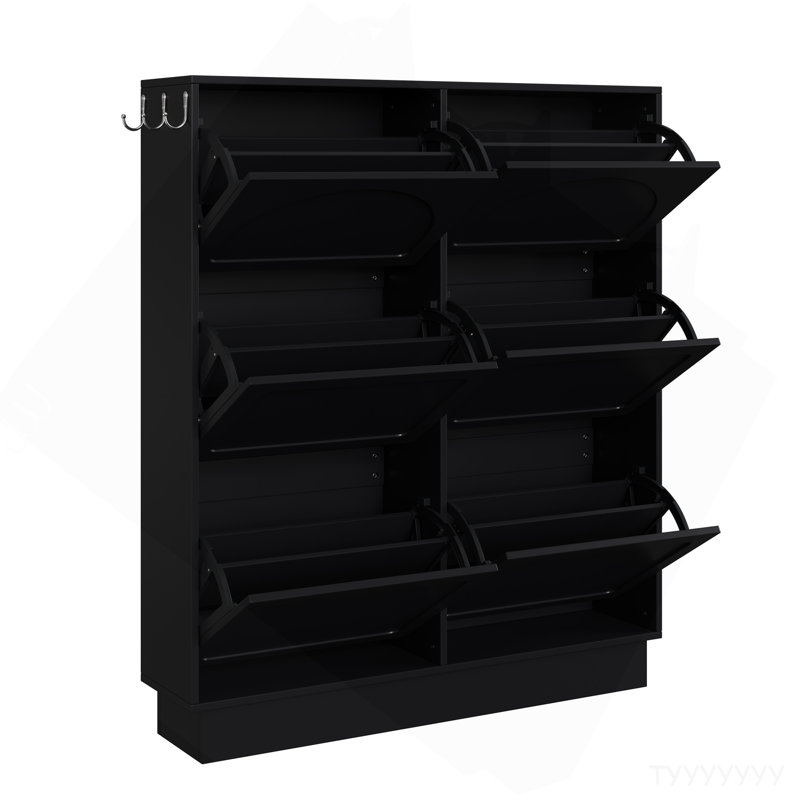 Modern Elegant Narrow Tipping Bucket Shoe Cabinet With 6 Flip Drawers, Space Saving Design, Cream Style Entryway Organizer With Adjustable Shelf, Free-Standing Shoe Rack With 3 Silvery Hooks, Black