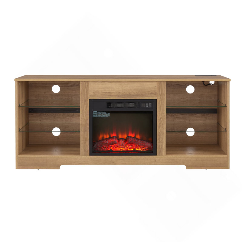 Meuble télé moderne avec foyer électrique, lumières DEL et charge USB, combinant divertissement et chauffage pour un salon élégant