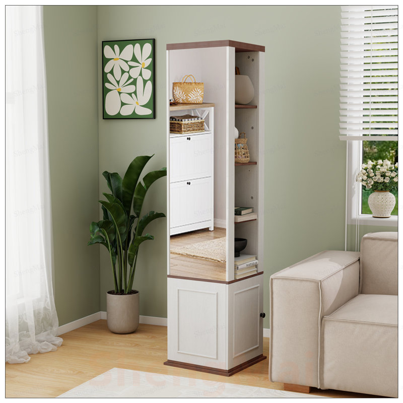 Armoire de rangement rotative à 360 degrés avec miroir pleine longueur, 8 tablettes ouvertes, crochets et 1 porte pour un usage domestique polyvalent
