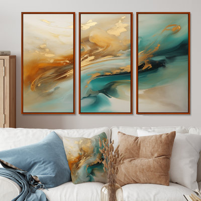 «Golden Sunrise On Turquoise II», ensemble d'art mural abstrait