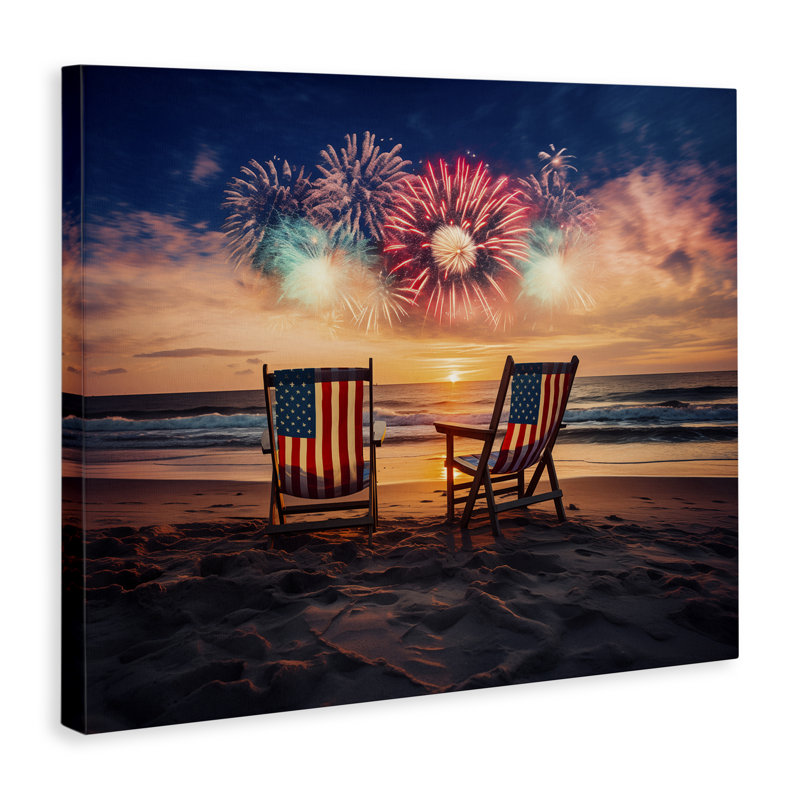 Feux d'artifice d'été sur la plage, conception par Arlington Prints, H 16 po x l 20 po