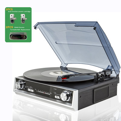 Tourne-disque vintage à 3 vitesses à courroie, radio FM avec casque 3,5 mm et sortie ligne, tourne-disque rétro noir avec courroies supplémentaires et remplacement de stylet double