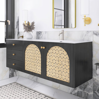 60" Wall Mounted Bathroom Vanity In Brown Oak With White Aluminum Nano Alloy Integrated Sink