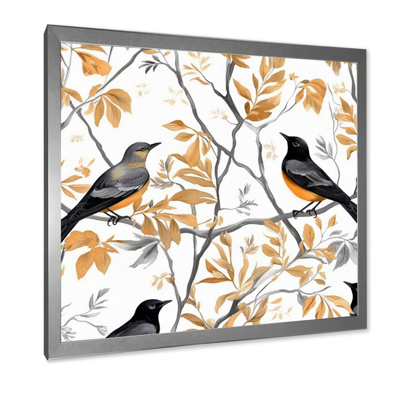 " Brown Black Birds On Trees ", Silver Single Picture Framed, 24" H x 24" W x 1" D
