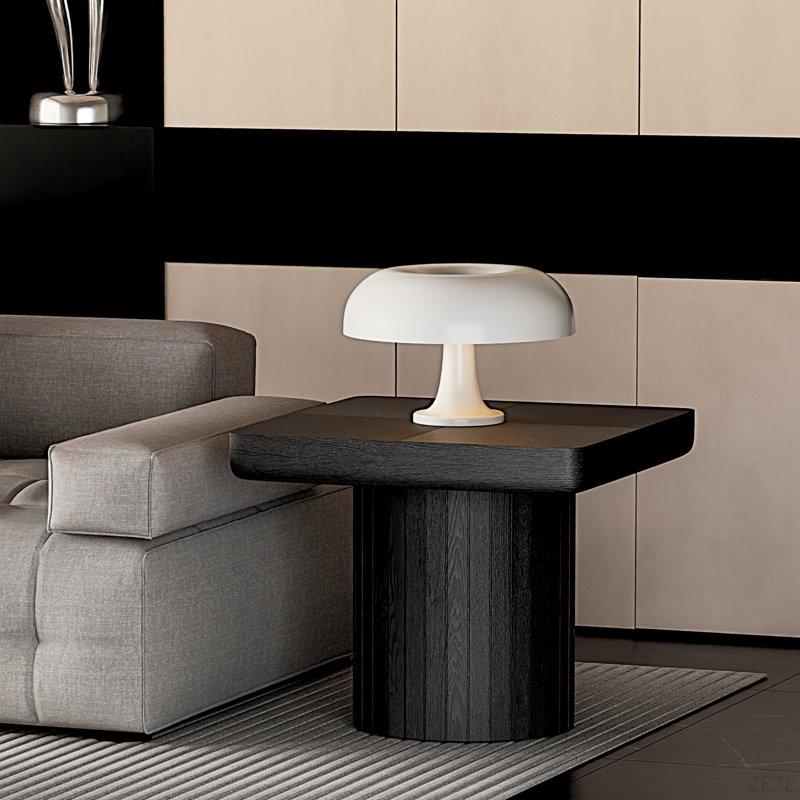 Table de bout moderne en placage de bois massif de 23,6 po, table d'appoint carrée minimaliste avec motif de parquet, base cylindrique rainurée et plateau de table épaissi, table d'appoint compacte pour le salon