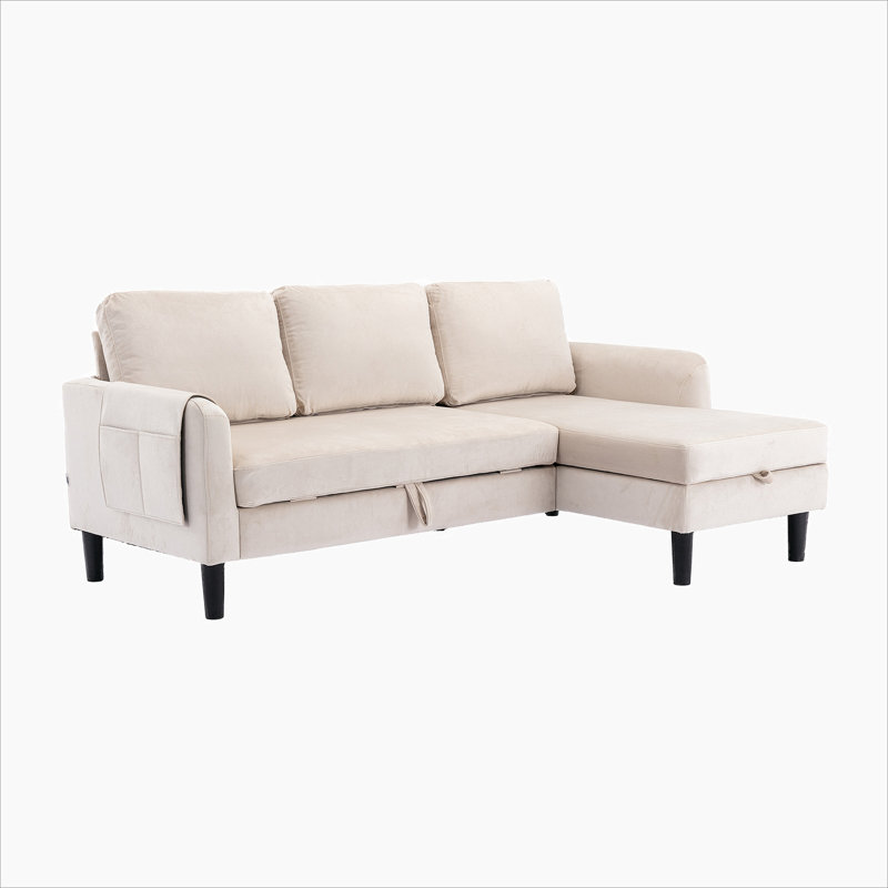 Ermon Upholstered Sofa Reversible Sectional Sleeper with Storage Chaise, Side Pocket, Pink Polyester