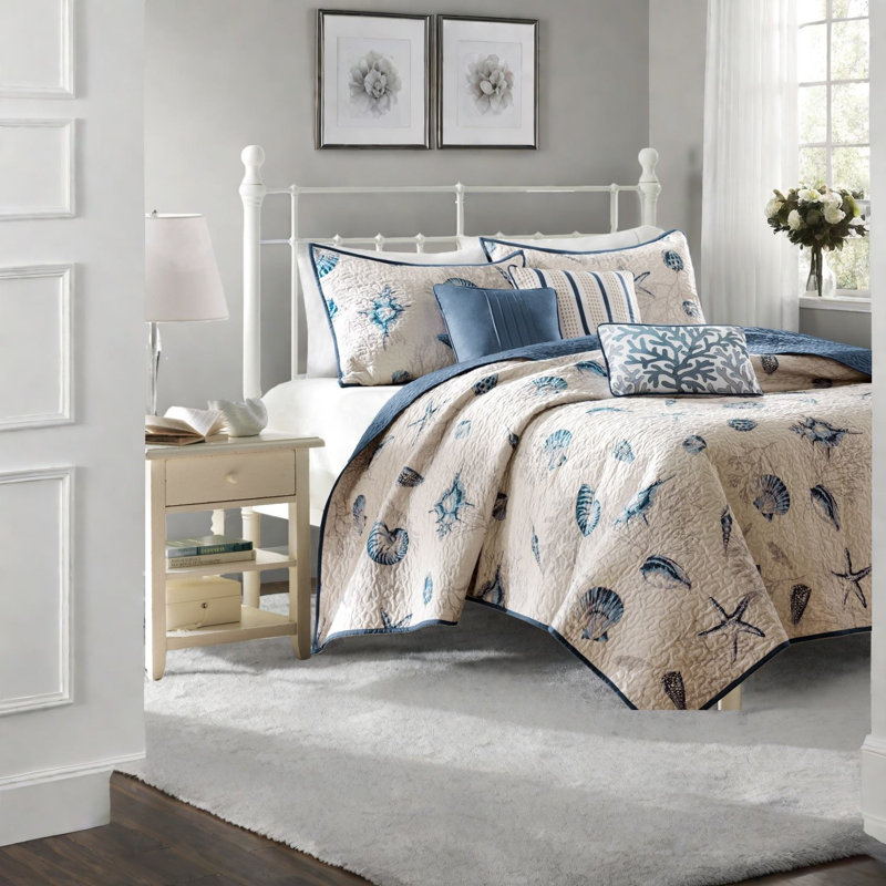 Ensemble de literie réversible luxueux, microfibre de polyester, design bleu côtier pour très grand lit