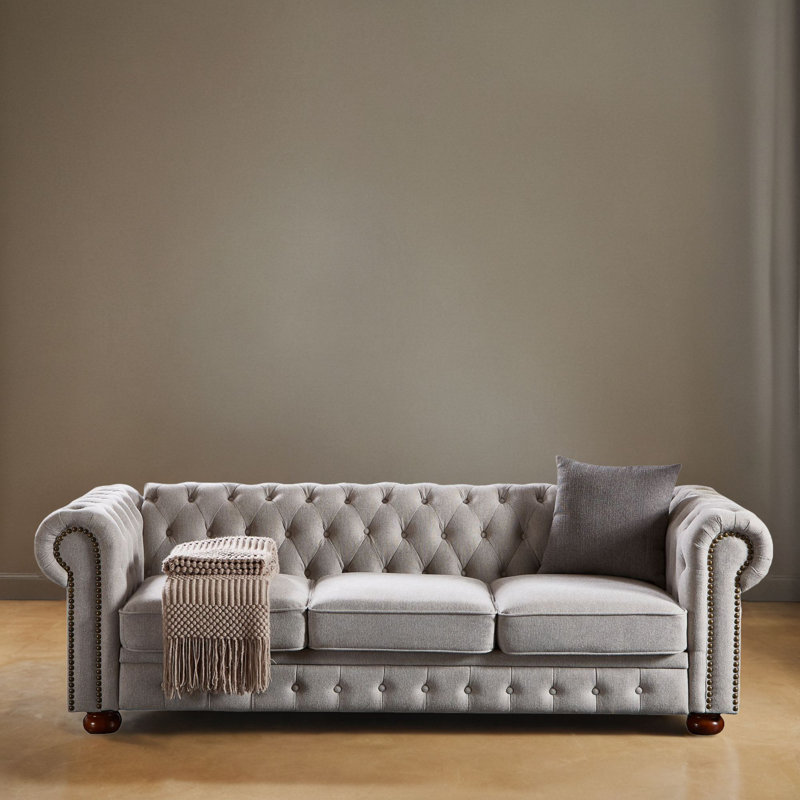 Canapé Chesterfield Kamarion, Mélange de lin gris clair