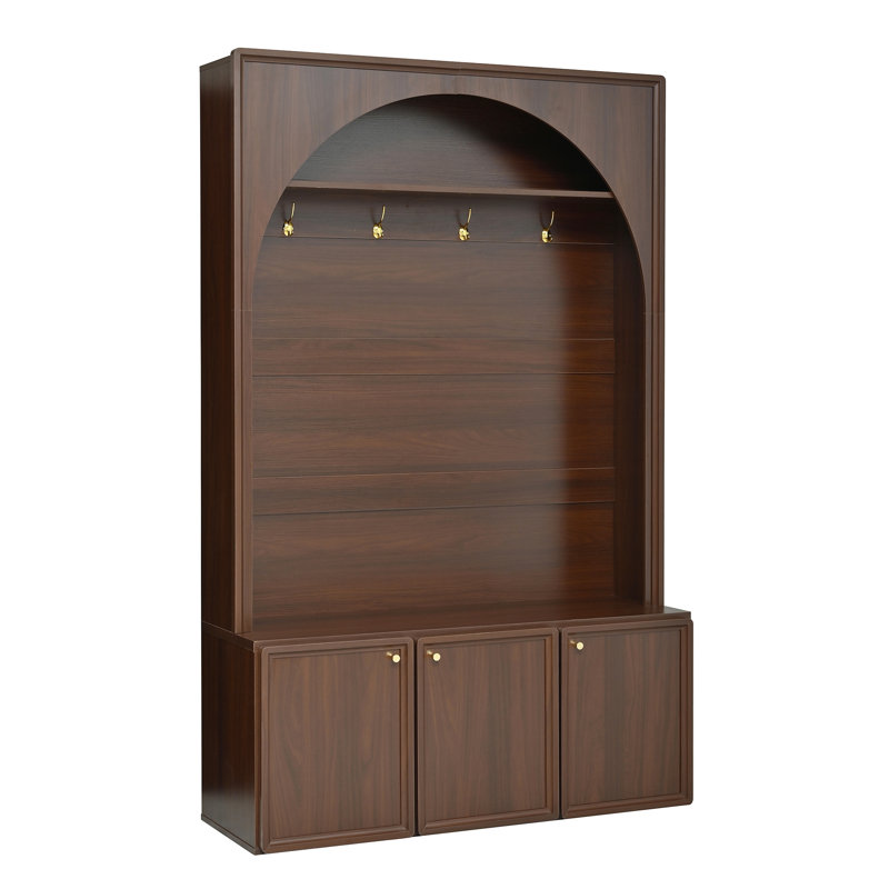 Farmhouse All-In-One Hall Tree With Adjustable Shelves, Retro Arched Entryway Storage Bench With 3 Cabinets, Wooden Coat Rack Organizer With 4 Hooks For Mudroom, Hallway,