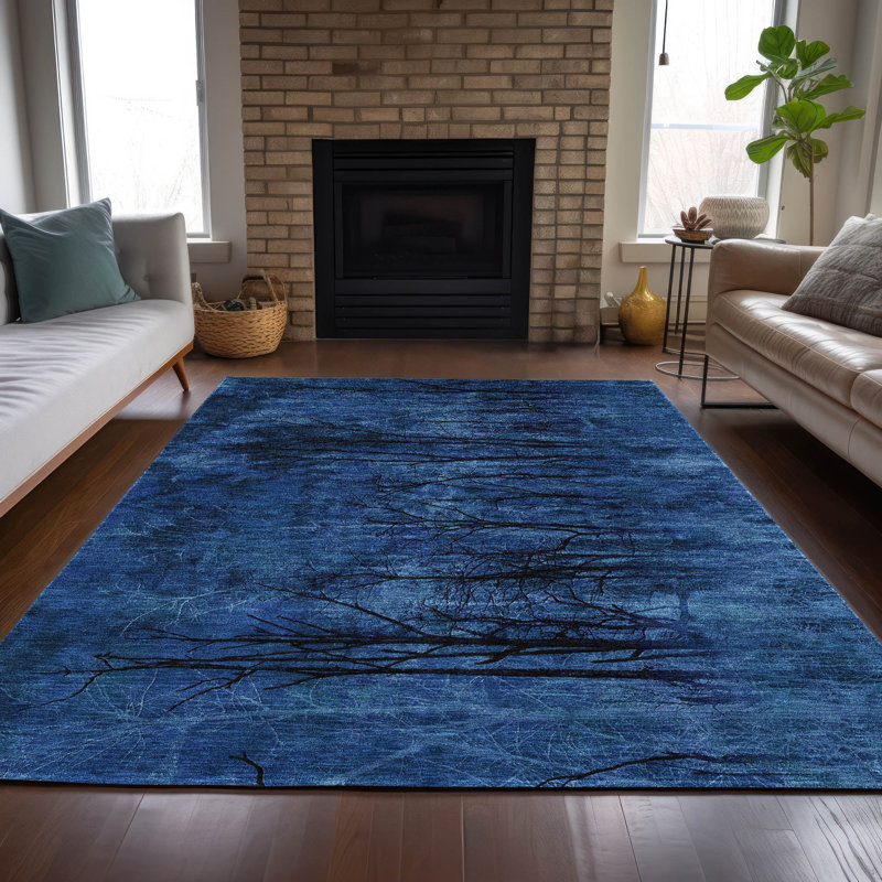 Tapis bleu intérieur / extérieur lavable à la machine Xhevrie, Rectangle 5 pi x 7 pi 6 po