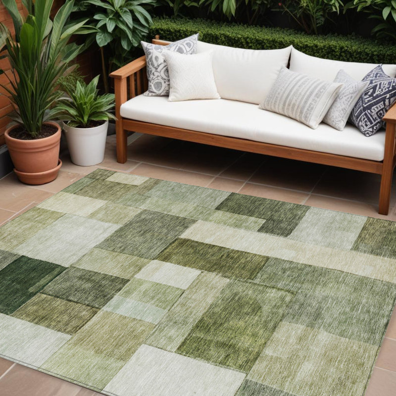 Tapis extérieur lavable à motif géométrique vert sauge et fougère 8 pi x 10 pi