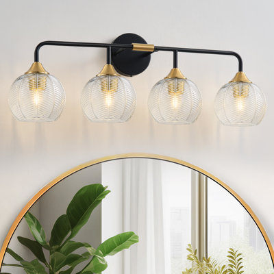 Applique murale de salle de bain à 4 lumières avec variateur et abat-jour en verre transparent texturé à motif de feuilles