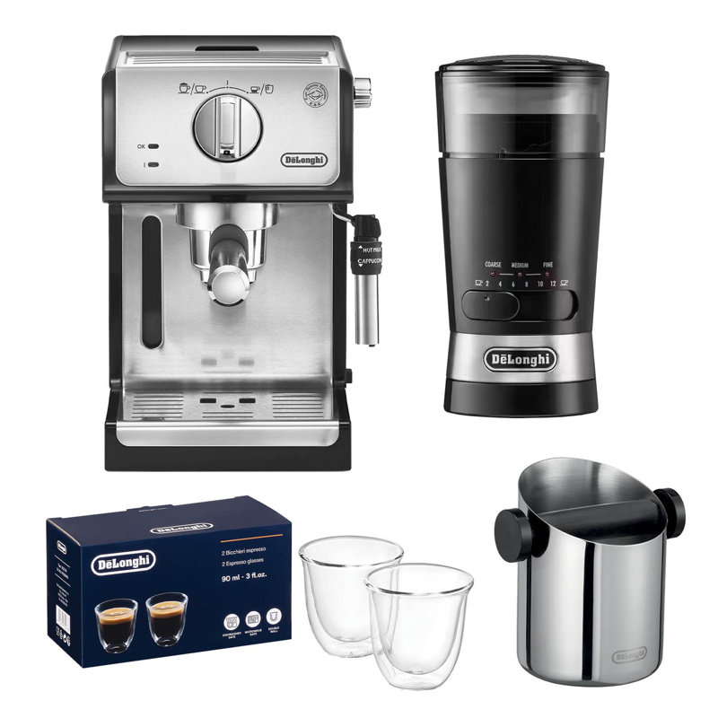 Compact Traditional Espresso Coffee Machine, Knock Box, Grinder & Latte Glasses Silver