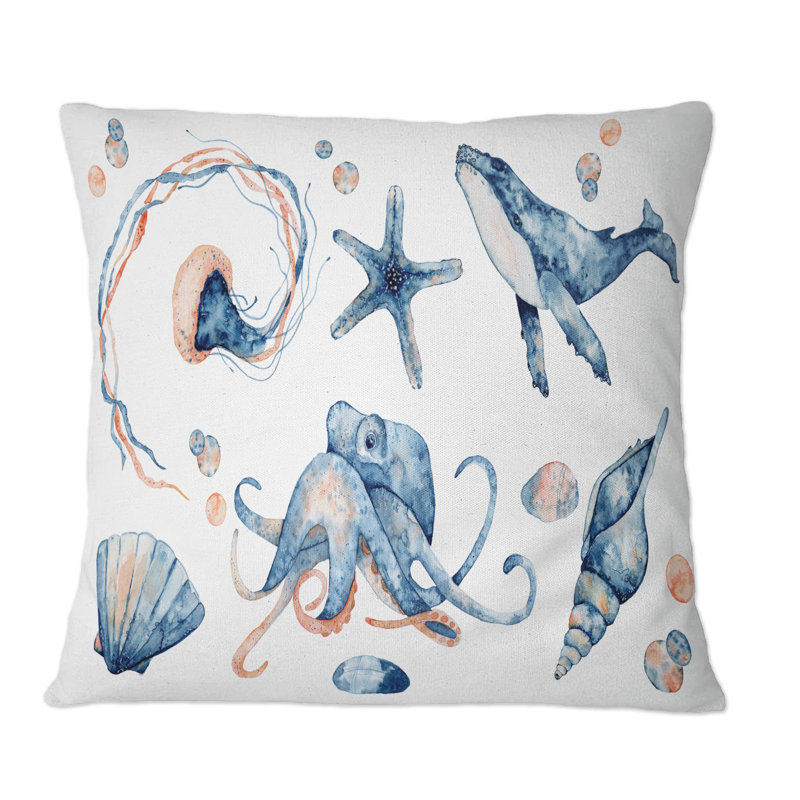 Coussin Blue Ocean Fish Medusa Whale Seahorse, 16 po x 16 po