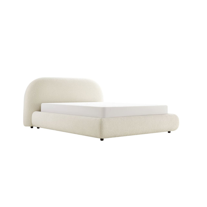 Modern Curved Upholstered Low Profile Platform Bed with Rounded Headboard, Queen, Cream