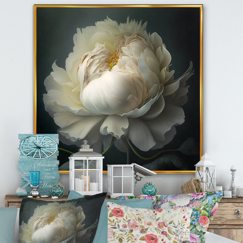 Pivoine blanche sur fond noir I - pivoine, H 36 po x l 36 po, Reproduction avec cadre flottant, Doré