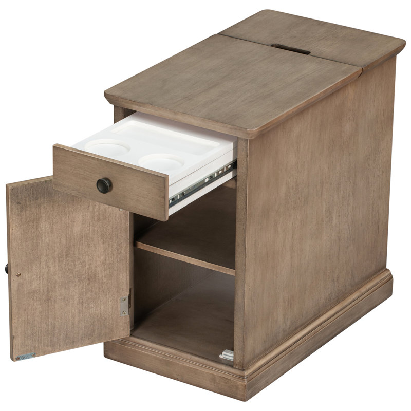 Table d'appoint de salon avec prises de courant, tiroir et porte-gobelet, table de bout brune au fini antique, options de rangement compatibles