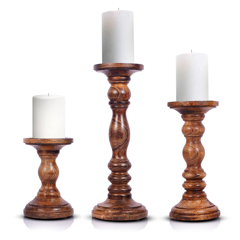 Handcrafted Natural Mango Wood 3-Piece Tabletop Candlestick Set