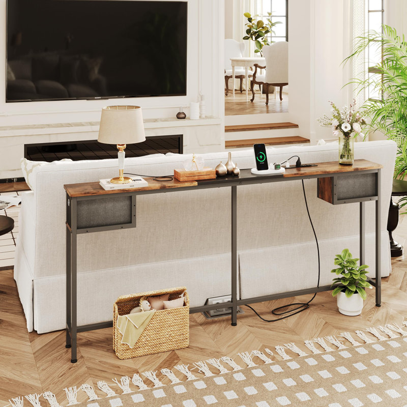 Console Rustic Brown - Table d'entrée étroite avec station de charge et tiroirs de rangement