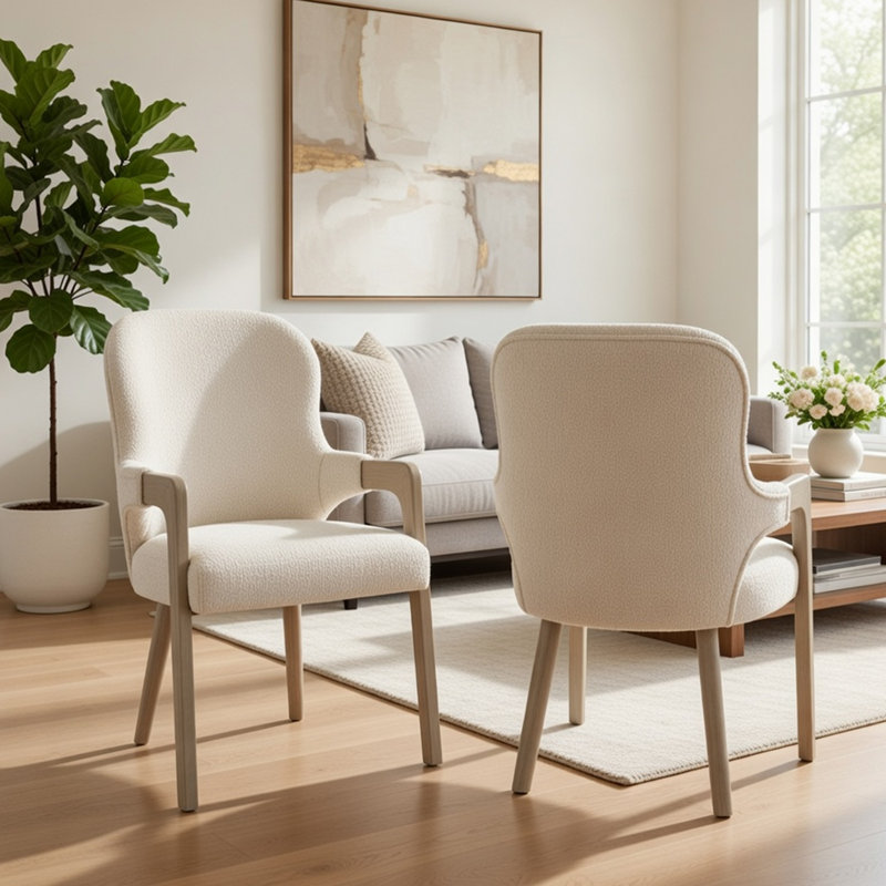 Ensemble de 2 chaises de salle à manger Lyne, dossier arrondi, tissu ivoire, taupe cerusé