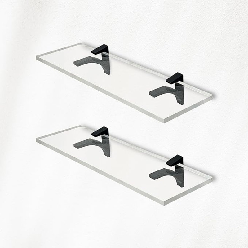 Clear Acrylic Shelves 11.5 inches, 3/4" Thick Transparent Wall Mounted Floating Shelves for Bedroom, Living Room, Bathroom, Kitchen -‎ with Screws and Black Finish Brackets, Pack of 2
