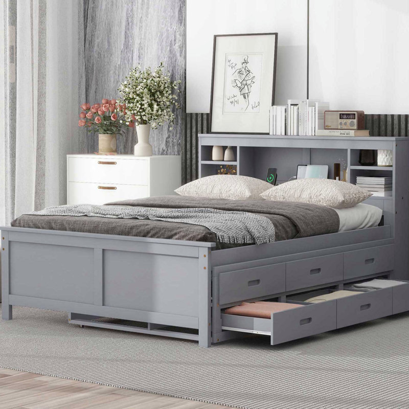 Lit plateforme avec tête de lit, USB, lit gigogne simple et 3 tiroirs, cadre de lit, Lit double, gris
