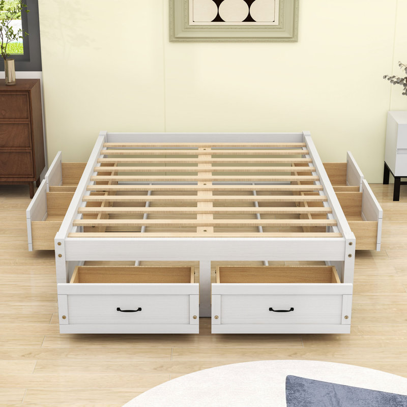 Lit plateforme en bois avec tiroirs et lattes, Blanc antique, Double